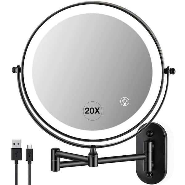 8.5 in. W x 8.5 in. H Round LED Wall Mount Bathroom Makeup Mirror with 3 Colors Adjustable LED, 1X/20X Magnifing-Black