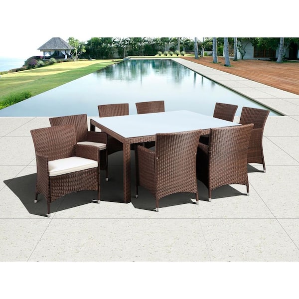 Atlantic Contemporary Lifestyle Grand New Liberty Deluxe Brown 9-Piece Square All-Weather Wicker Patio Dining Set with Off-White Cushions
