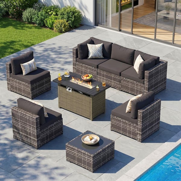 Gray 9-Piece Wicker Rattan Patio Conversation Set with 50000 BTU Gas Fire Pit Table and Black Cushions, Storage Trunk