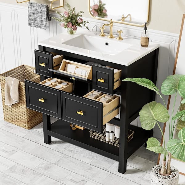 Magic Home 30 in. x 18 in. x 34 in. Freestanding Bath Vanity in Black Storage Cabinet with White Ceramic Top