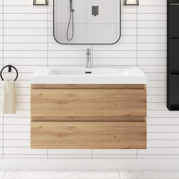 35.5 in. W x 18.9 in. D x 21.7 in. H Single Sink Wall Mounted Bath Vanity in Natural Oak with White Cultured Marble Top