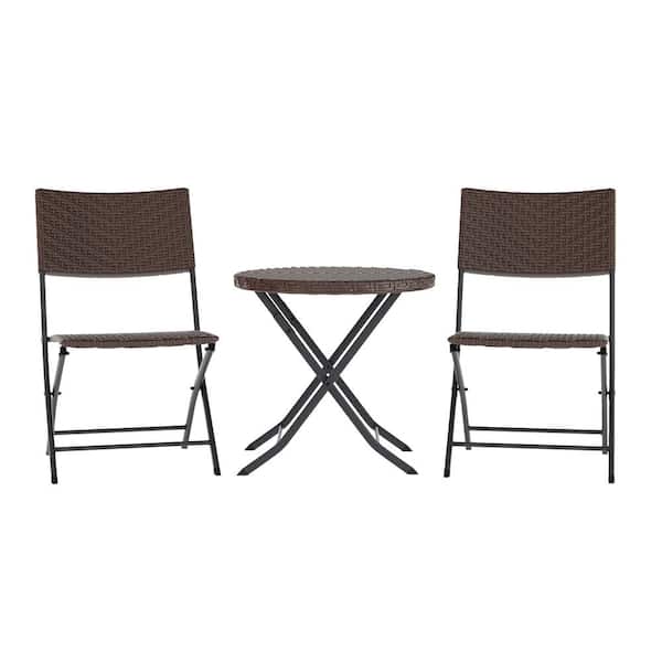 Carnegy Avenue Rouen 3-Piece Steel Round Foldable Indoor/Outdoor Bistro Set Wicker Back, Seat, Top Brown with Black Steel Frames