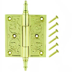 3-1/2 in. Square Corner Bright Brass Decorative Door Hinge with Finial