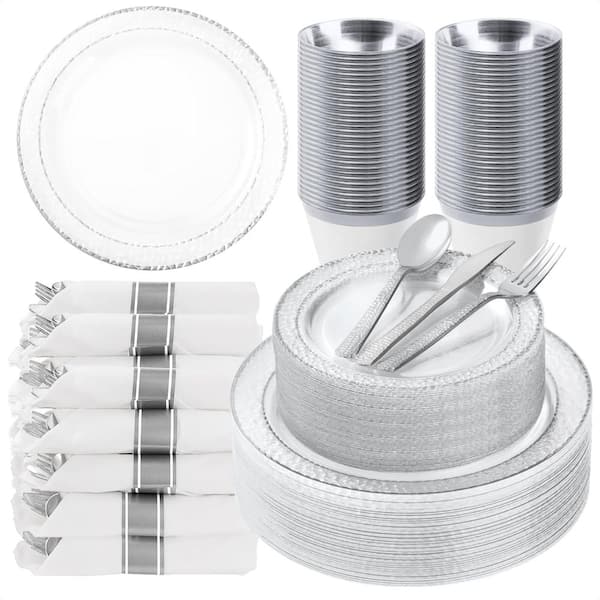 350-Piece Clear Plastic Plate Set with Silver Trim for 50 Guests Includes Plates, Cups, Napkins, Forks