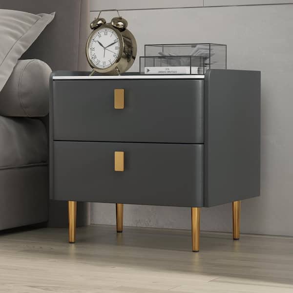 J&E Home 2-Drawer Dark Gray PU Leather Nightstand Bedside Table 19.69 in. H x 19.69 in. W x 15.75 in. D with Metal Legs