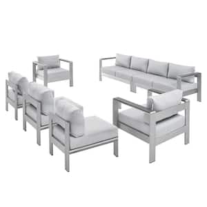 Shore Sunbrella Silver 7-Piece Fabric Aluminum Outdoor Patio Conversation Sectional Sofa Set with Gray