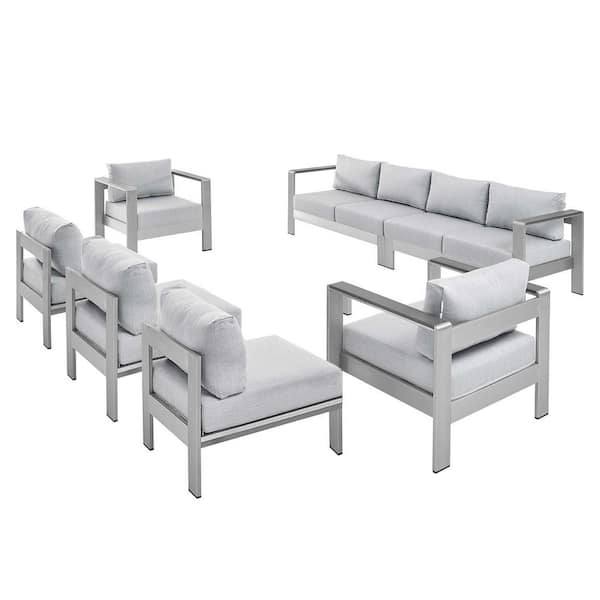 MODWAY Shore Sunbrella Silver 7-Piece Fabric Aluminum Outdoor Patio Conversation Sectional Sofa Set with Gray