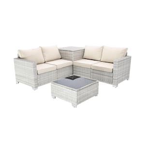 4-Piece Gray White Wicker Outdoor Sofa Sectional Set with Field Gray Cushions, Large Space Storage Box