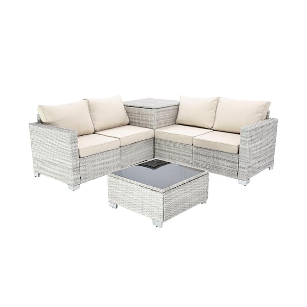 Unbranded 4-Piece Gray White Wicker Outdoor Sofa Sectional Set with Field Gray Cushions, Large Space Storage Box