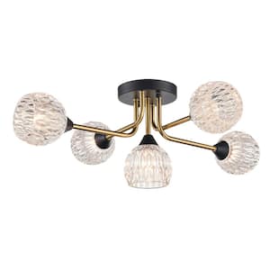 20.1 in. 5-Light Gold Modern Semi-Flush Mount with Crystal Shade and No Bulbs Included 1-Pack