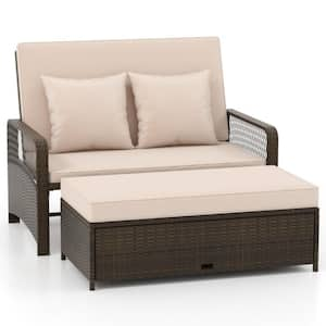 Brown Wicker Outdoor Day Bed with Beige Cushions