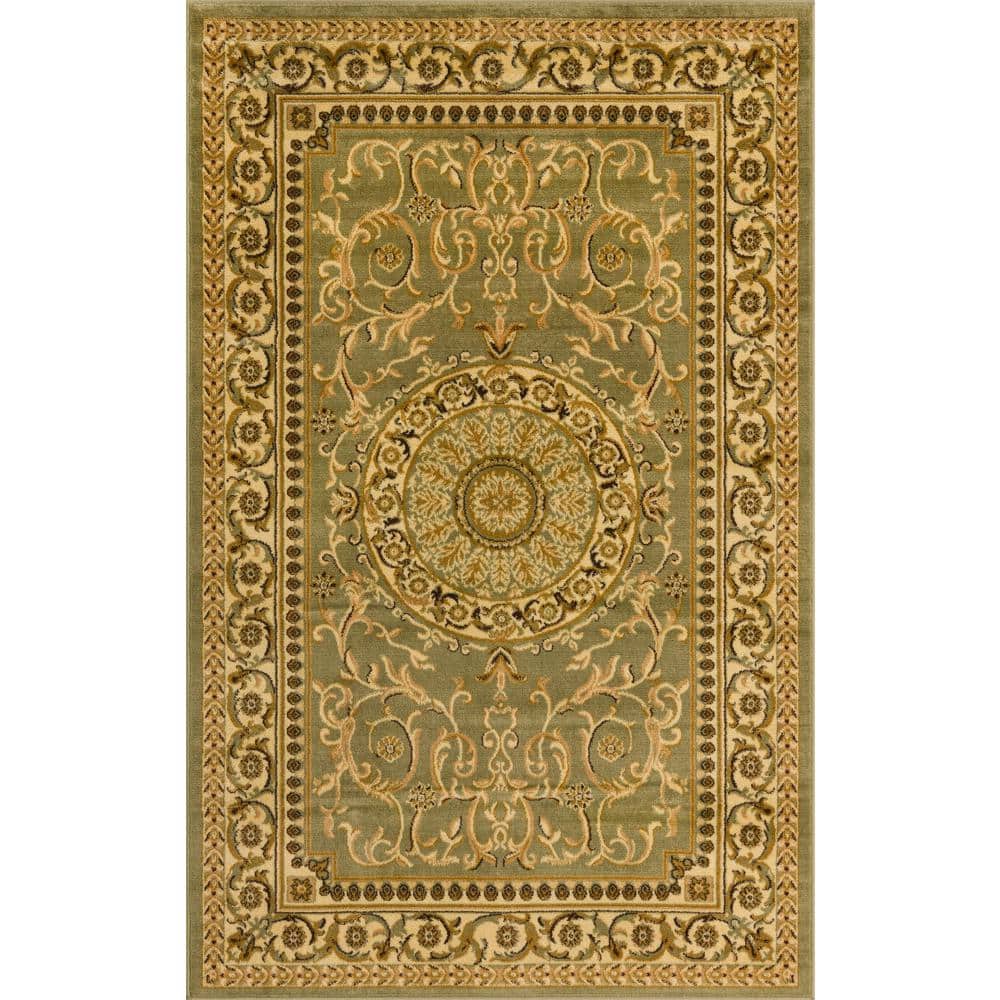 Elegant Green Rectangular Indoor Rug - Stain-Resistant Synthetic 5' x 8'