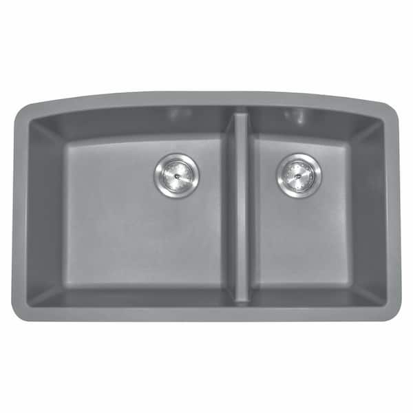 MSI 32.5 in. Undermount Double Bowl Gray Quartz Kitchen Sink with Strainer Baskets