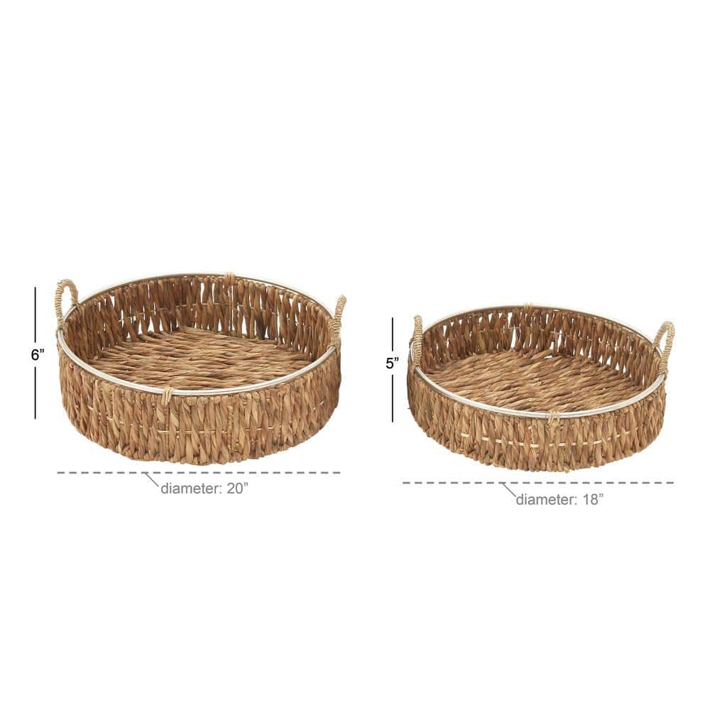 20" Round Natural Seagrass Woven Storage Basket Set with Metal Ring Handles