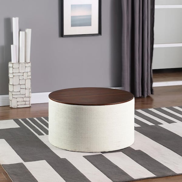 Stain-Resistant Cream Woven with Wood Top Storage Ottoman