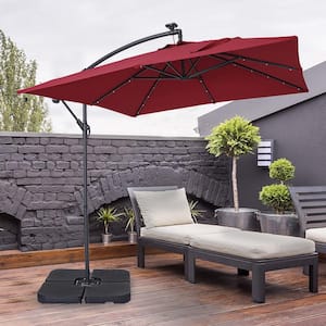 8.3 ft. Steel Cantilever Umbrella Solar Tilt Patio Umbrella in Red with Base and 32 LED Lights