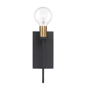 Ravella 4.5 in. 1-Light Black Industrial Wall Sconce with Old Satin Brass Accent