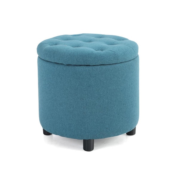 PHI VILLA Teal Round Upholstered Storage Ottoman