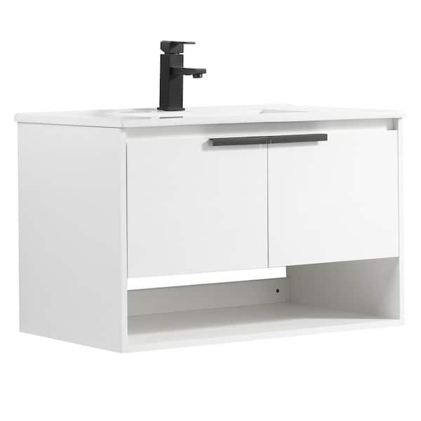 JimsMaison 32 in. W x 18 in. D x 20 in. H  Bath Vanity in White with White Ceramic Vanity Top with White Basin