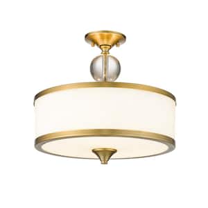 Cosmopolitan 15.75 in. 3-Light Heritage Brass Semi Flush Mount Light with Glass Shade