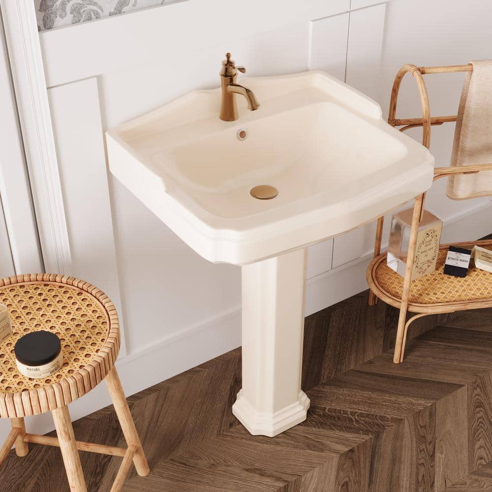 Bone Ceramic Rectangular Pedestal Bathroom Sink with Single Faucet Hole