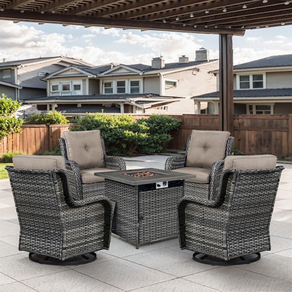 Gray 5-Piece Wicker Patio Fire Pit Set, Outdoor 4-Person Seating Set with Olefin Gray Cushions and Swivel Rockers