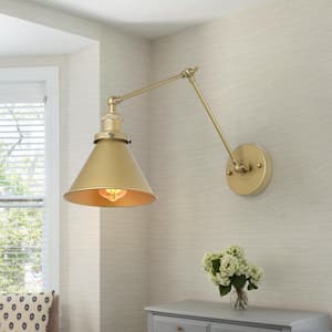 1-Light Gold Industrial Adjustable Swing Arm Wall Sconce with Bell Lampshade for Bedroom and Living Room