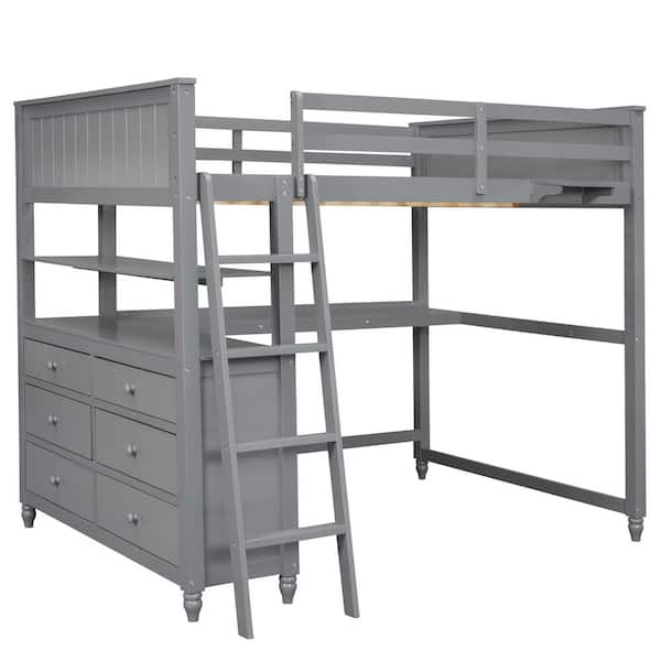 Full size Loft Bed with Drawers and Desk, Wooden Loft Bed with Shelves-Gray