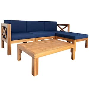 Brown 5-Piece Solid Wood Outdoor Backyard Patio Sectional Set Sofa Seating Group Set with Finish and Blue Cushions