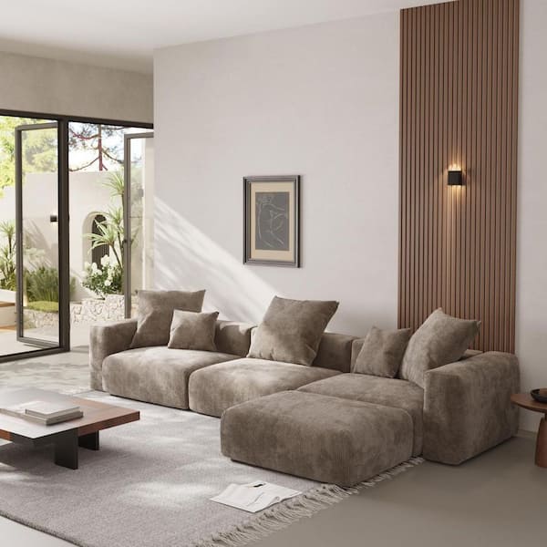 J&E Home 4-Piece 141 in. Corduroy Velvet Sectional Sofa Living Room Set, Free Combination Chair Loveseat and Couches Brown