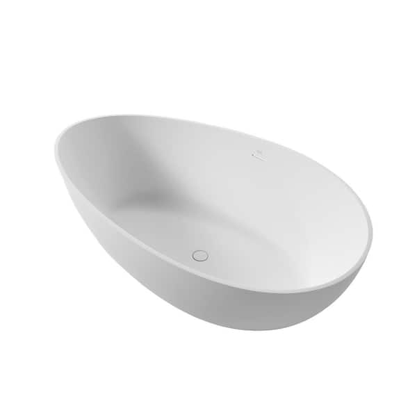 Vanity Art 63 in. L x 37.4 in. W Soaking Freestanding Stone Bathtub with Center Drain in White