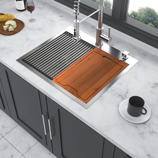 Coporesell 25 in. Drop-in Single Bowl 16 Gauge Brushed Nickel Stainless Steel Kitchen Sink with Workstation