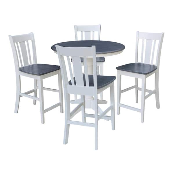 International Concepts Set of 5-pcs - White/Heather Gray 36 in. Solid Wood Counter-Height Pedestal Table and 4 Stools