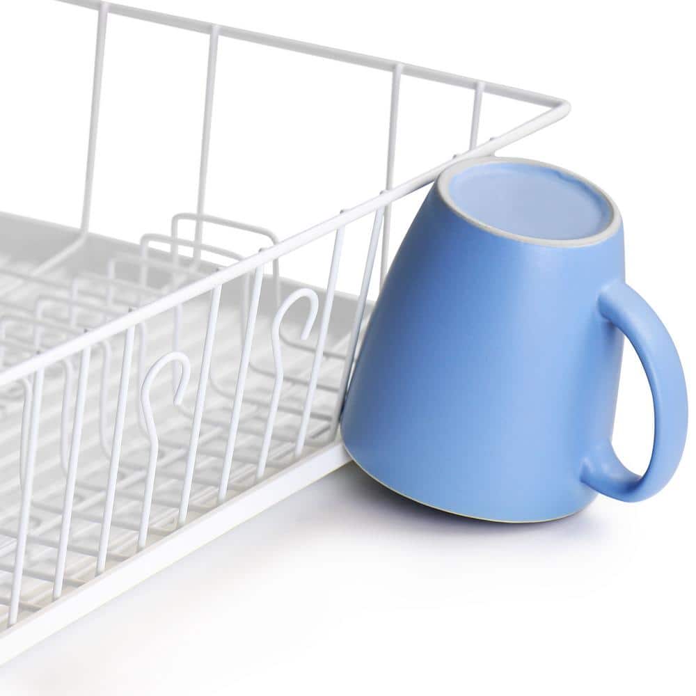 White Metal Single Level Dish Rack with Utensil Cup