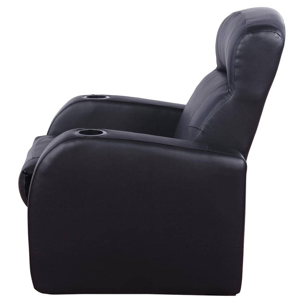Cyrus Black Leather Manual Reclining Sofa with Cup Holders