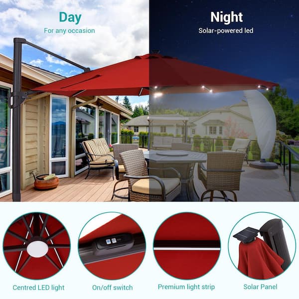 11 round cantilever solar patio umbrella with base Sonkuki 11 ft. Solar LED Round Aluminum Cantilever Outdoor Patio Umbrellas with Base in Red