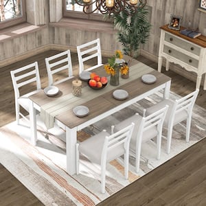 Mutifunctional 7-Piece White and Brown Wooden Dining Table Set with Extendable Table, 2 Drawers and 6 Upholstered Chairs