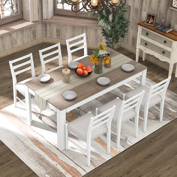 Harper & Bright Designs Mutifunctional 7-Piece White and Brown Wooden Dining Table Set with Extendable Table, 2 Drawers and 6 Upholstered Chairs