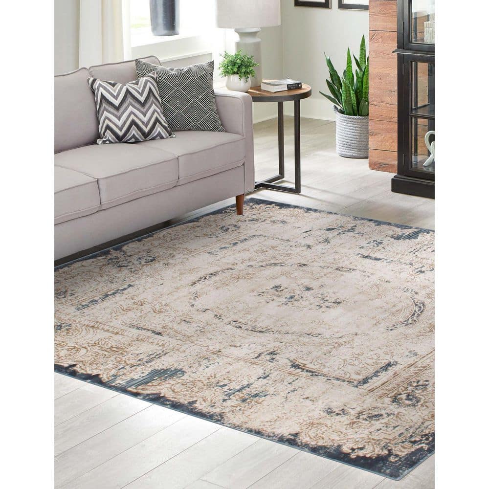 Ivory and Navy Blue Medallion Square Indoor Rug, 7' x 7', Easy Care