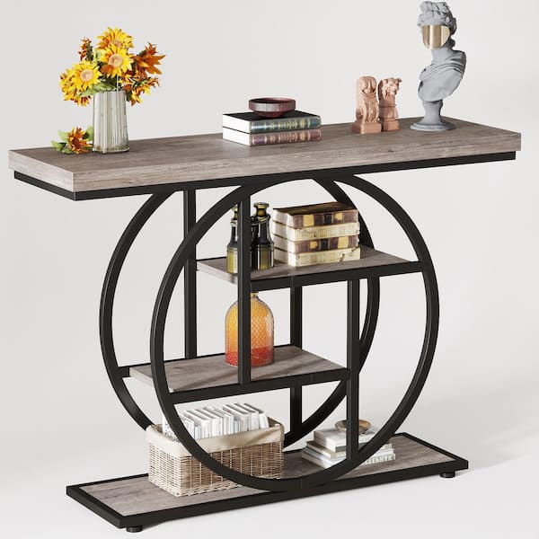 Turrella 41.3 in. Gray Rectangle Wood Console Table, Industrial 4-Tier Sofa Table Entryway Table with Circle Base