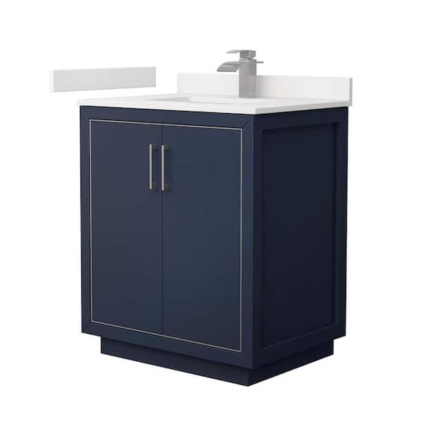 Wyndham Collection Icon 30 in. W x 22 in. D x 35 in. H Single Bath Vanity in Dark Blue with White Quartz Top
