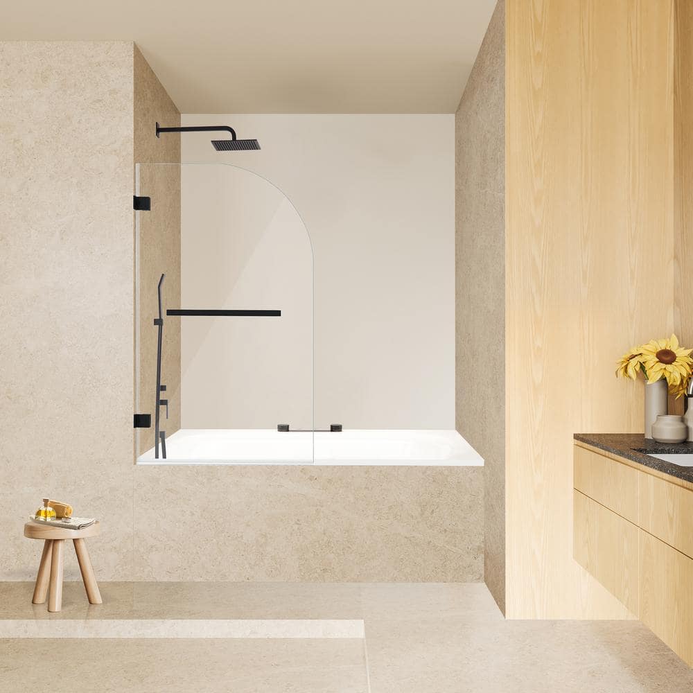 Alvise 34" W x 58" H Frameless Matte Black Tub Door with Clear Glass