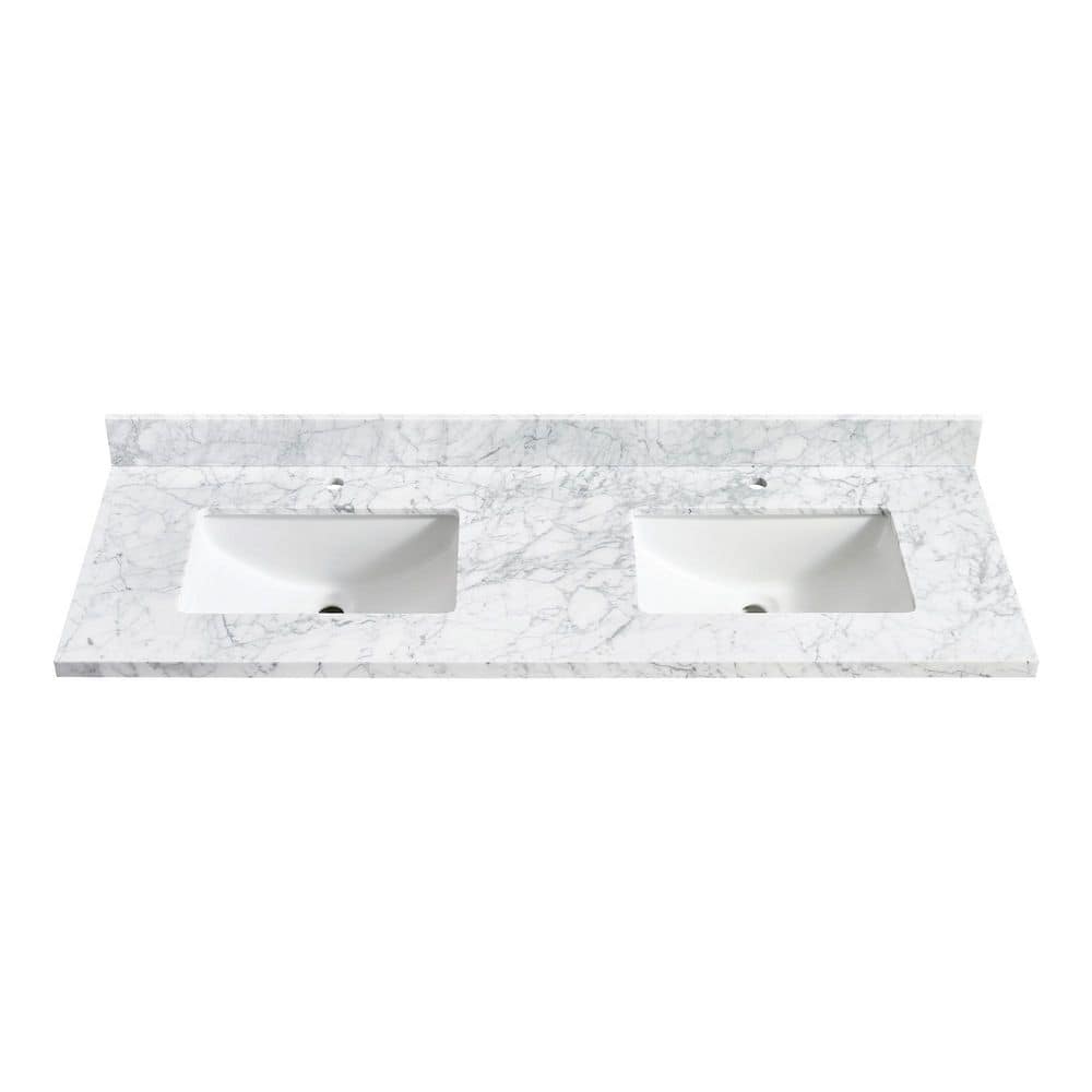 Zevio 61 in. W x 22 in. D Natural Marble White Rectangular Double Sink Vanity Top in Carrara White price history on PriceWatchPro