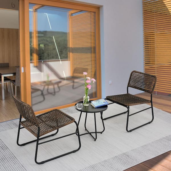 Siavonce Patio Furniture Set 3-Piece Mixture Pattern PE Rattan Steel Frame, Brown and Black (Include 2-Piece Chairs and 1-Table)