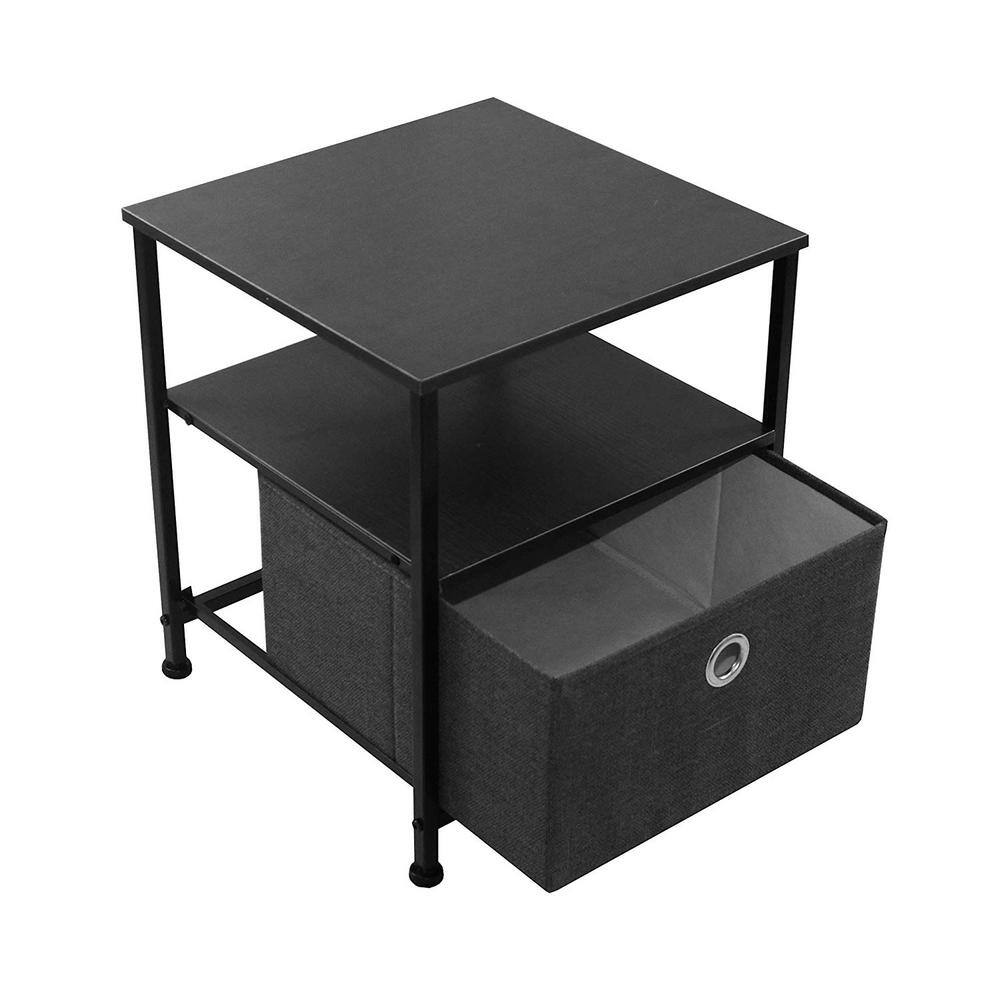 Black Steel Frame Nightstand with Wood Top and Fabric Drawer