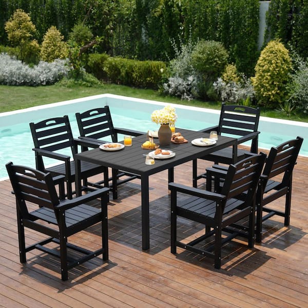 7-Piece Metal Outdoor Dining Set with 6 HDPE Patio Chairs and Rectangular Table, Patio Dining Table (Set for 6)