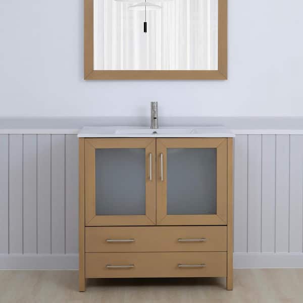 Vanity Art 36 in. W x 18 in. D x 36 in. H Natural Oak Bath Vanity with White Ceramic Top and Mirror