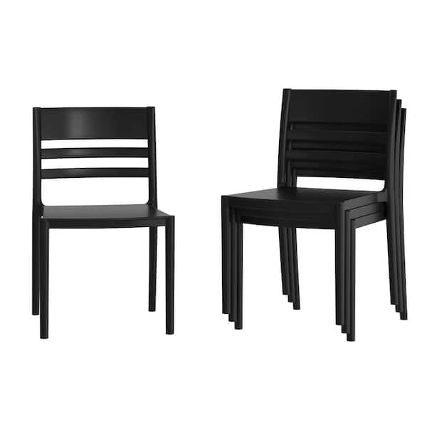 Bridgeport Black with Slatted Backrest Plastic Indoor-Outdoor Stacking Patio Chairs in Black Set of 4