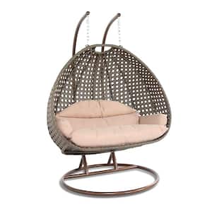 Beige Wicker Hanging 2-Person Egg Swing Chair Porch Swing With Beige Cushions