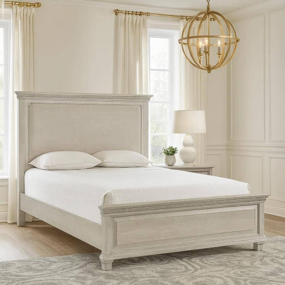 Avy Mist Gray Wood Frame Queen Panel Bed with Upholstered Headboard